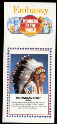 Tabakkarte, Botschaft, Weltwunder, 1986, 80mm x 35mm, roter Indianerhäuptling