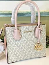 MICHAEL KORS MERCER MEDIUM CROSSBODY MESSENGER BAG MK VANILLA LOGO PINK BLUSH