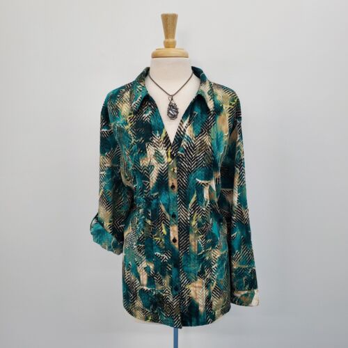 Catherines Teal Button Up Roll Tab Sleeve Pleated Floral Blouse Top Size 3XP