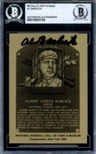 Al Barlick Beckett BAS Signed Gold Metallic Hall of Fame Plaque Autograph