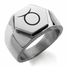 Stainless Steel Astrology Taurus Mens Hexagon Crest Biker Style Signet Ring