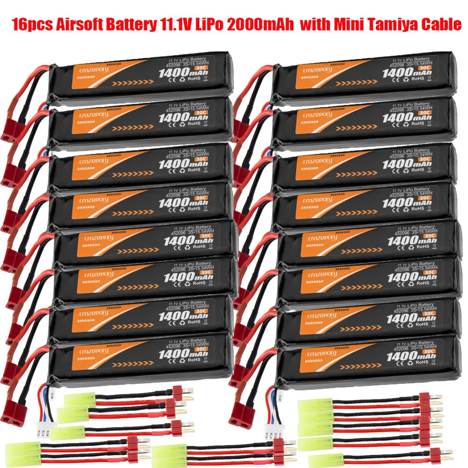 Batería LiPo 11.1V 2000mAh/1200mAh/1400mAh 3S Airsoft + Mini Conector Tamiya EE. UU. Foto 2 de 4