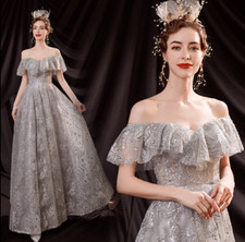 Gorgeous Off Shoulder Flounce Paillette Silver Evening Dresses Banquet Prom Gow@