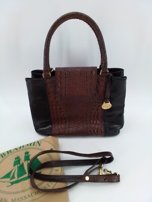 Brahmin Black Leather TOP Handle SATCHEL Shoulder Bag Brown CROCO Embossed  Purse