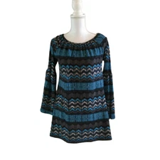 Win Win Women's Tunic Top Size S-M Southwestern Blue Black Bell Sleeve Blouse