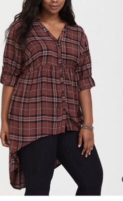 Torrid 0x 12 Plus Size Hi-lo Lexie Plaid Shirt Top Size 0 Brown Plaid
