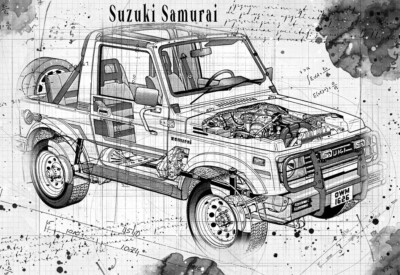 Line Tech Zeichnung Suzuki Samurai Cutaway Kunst Poster Druck