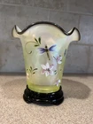 Fenton Iridescent Topaz URANIUM Glass “Lily Trail” Flip Vase with Stand