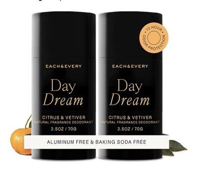2x Each & Every Aluminum Free Deodorant for Unisex, Citrus & Vetiver - Day Dream