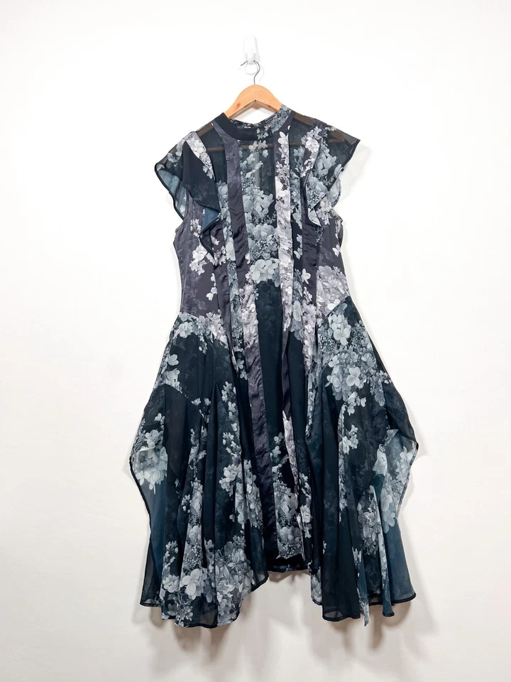 AllSaints Freya Venetia Dress UK 12 Midi Floral Steampunk Layered Parachute Goth — 第 2/4 张图片