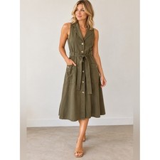 Mango MNG Olive Green Utility Safari Belted Midi Dress S Utility Gorpore