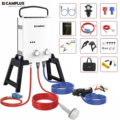CAMPLUX Camping Dusche mit Wasserpumpe 5L LPG Propan Durchlauferhitzer Outdoor