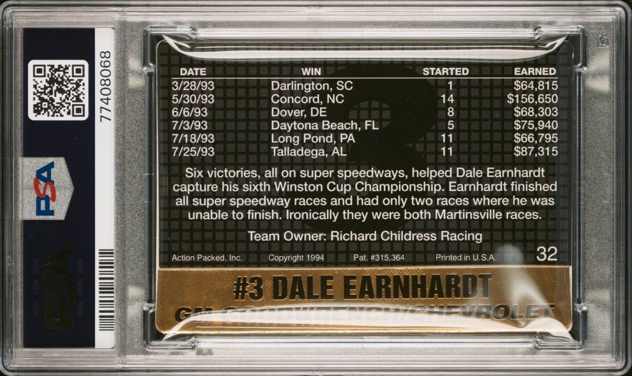 🏁 Dale EARNHARDT *Winner of 6 Races* 1994 Action Packed #32 POP 2 🔥 PSA 8 view 2