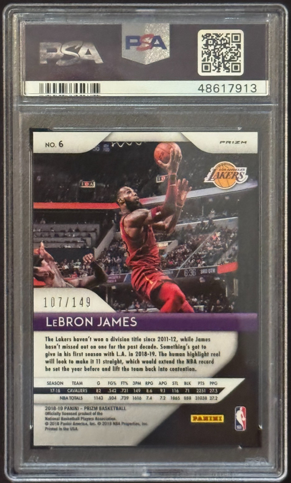 2018-19 LeBron James #6 Panini Prizm Purple Ice Prizm PSA 10 GEM MINT 107/149 view 2