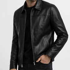 Men s Black Genuine Leather Slim fit Moto Bike Jacket Retro Outerwear Coat
