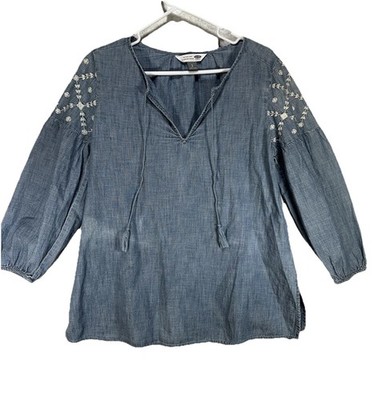 Old Navy Womens Size S Chambray Embroidered Peasant Top Tassel Blue Cottage