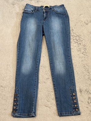 Casting Denim Jeans Womens 31 Elastic Waist Adjustable Blue Denim Ankle Buttons