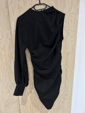 Pretty little thing black one sleeve ruched woven bodycon dress size uk 10