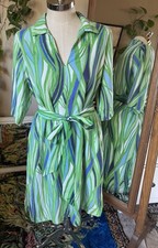 Lesley Evers Linen Blend Green and Blue Abstract 1960s inspired Midi Dress, 1X
