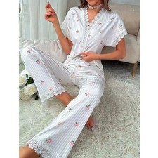 Stylish V Neck Cherry Print Pajama Set With Lace Trim For Women Autumn A0000