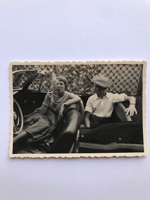 Snapshot Original Vintage Photo Woman Smoking Pipe Car Cap - SB685
