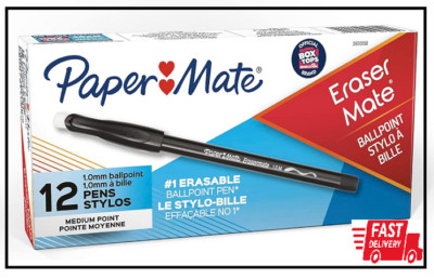Paper Mate EraserMate Erasable Pen, Medium Point, Black, Box of 12
