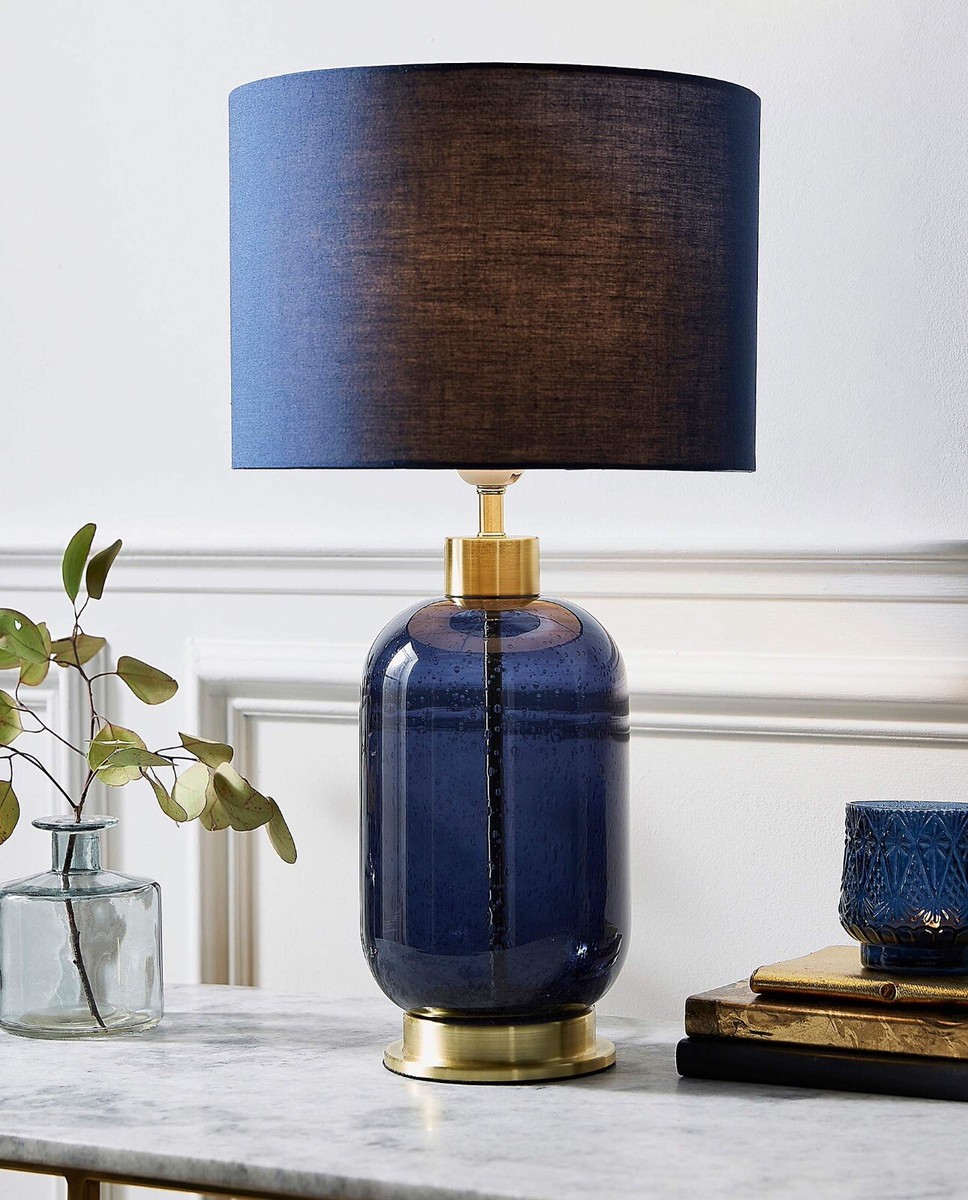 Navy Blue Glass Brass Base Table Lamp Lighting Decor UK