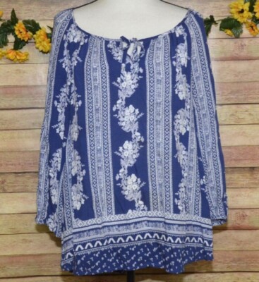 Fred David Blue Floral Print Blouse Ladies XL Lightweight Rayon Top Casual Top