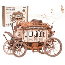 ROKR 3D Wooden Puzzle Stagecoach Music Box Mechanical Model Kits DIY Xmas Gifts