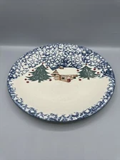 Folk Craft Tienshan Cabin in the Snow Stoneware Dinner Plate Red Dots 10.25"