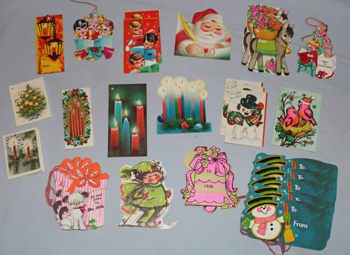 Big Lot Vintage Christmas Gift Tags Flocked Stringed Great Variety MCM - Modern