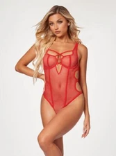 Seven ’til Midnight Fishnet Strappy High Cut Leg Teddy Red