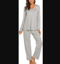 EKOUAER Ladies M Gray Lounge Pajama Sleepwear 2 pc Set Long Sleeve/Pants Soft