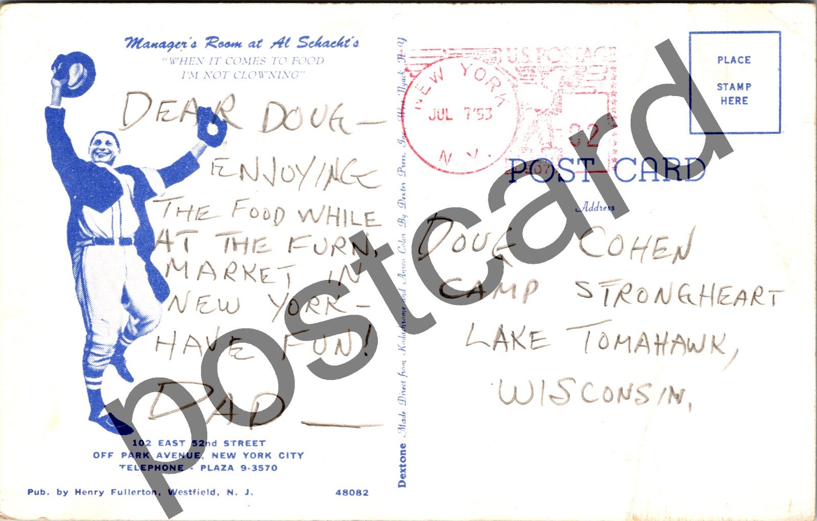 1953 NEW YORK, Manager's Room at Al Schacht's, "I'm not clowning" postcard jj185 thumbnail 2