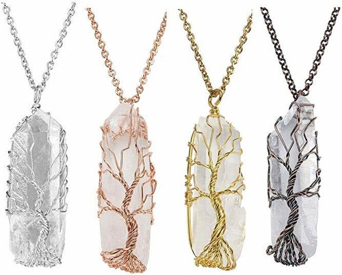Natural Tree of Life Wire Wrap Rose Crystal Quartz Pendant Necklace Healing Gift - Picture 12 of 15