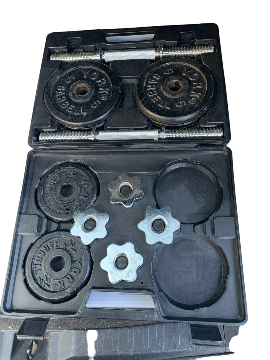 Vtg York 40 Lb Adjustable Barbell Set In Case Iron Dumbbells Vtg York 40 Lb Adjustable Barbell Set In Case Iron Dumbbells