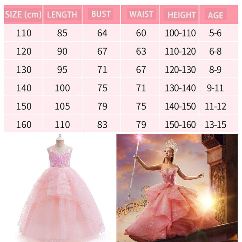 Wicked Glinda kinderkostuum met fonkelende jurk, maat L (12 tot 14 jaar), officieel gelicentieerd door de musical Wicked, Halloween-kostuum, cosplay, shows en verkleedfeesten