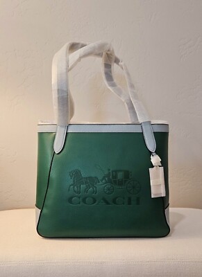 Coach Tote In Colorblock With Horse And Carriage - Silver/Green