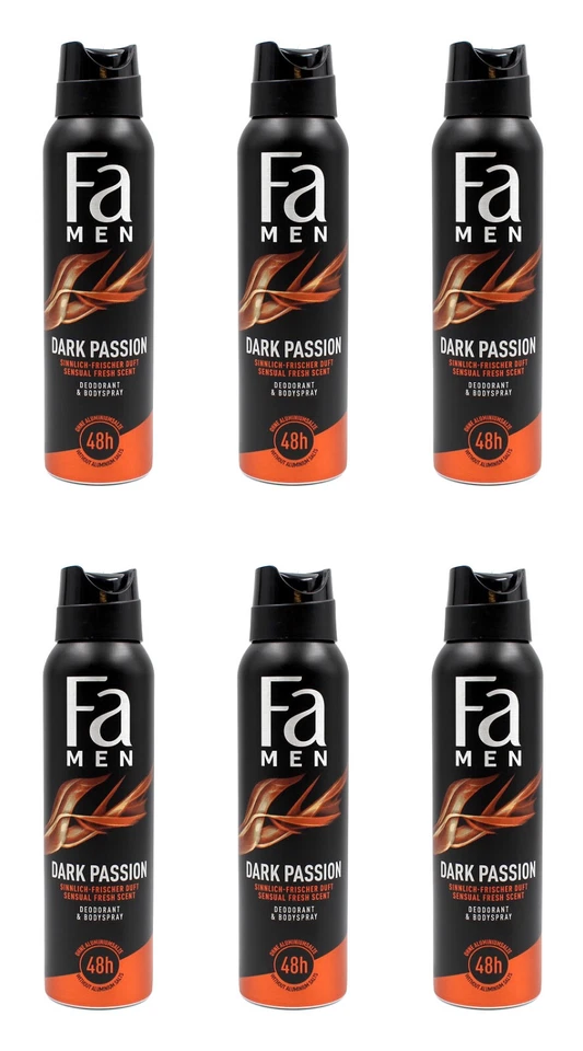 Fa Men Dark Passion Deodorant & Bodyspray Deo Spray , 6x150ml EAN428988