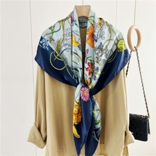 Mulberry Silk Wrap Shawl Bandanna Shawl Flowers Print Square Scarf 43" Blue/Navy