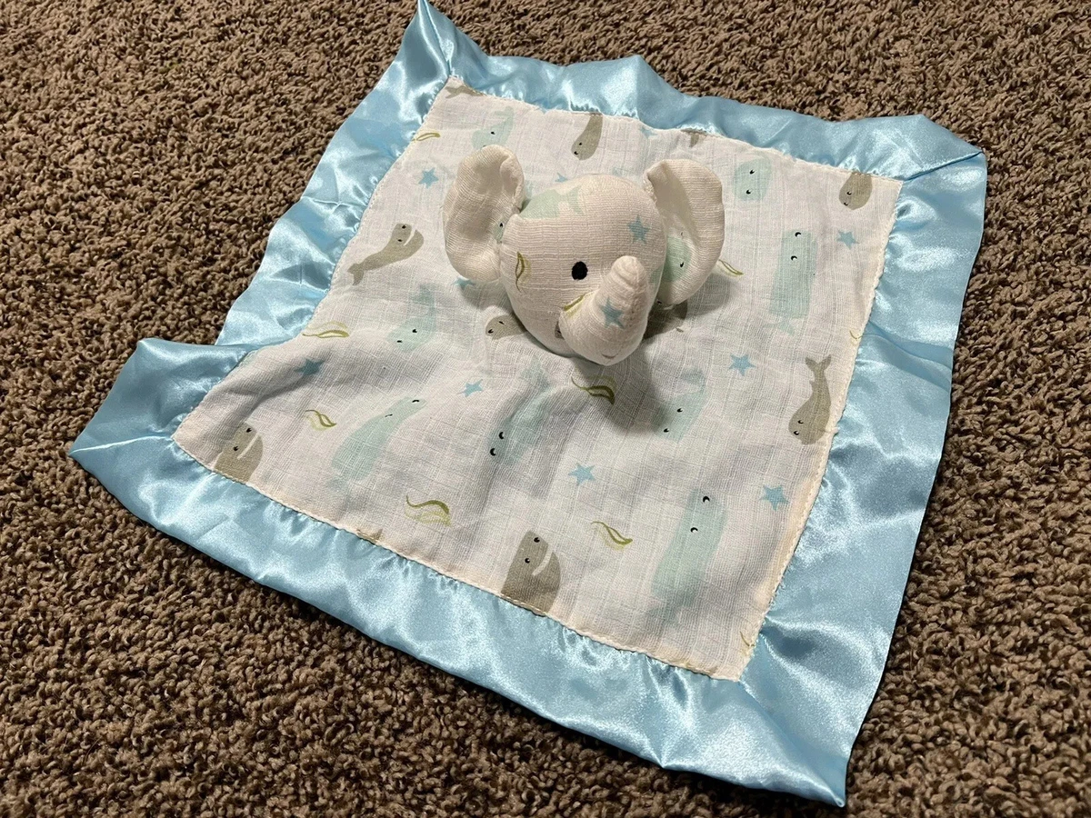 Muslin Elephant Baby Security Blanket Lovey Blue Satin Trim Stars Whales White