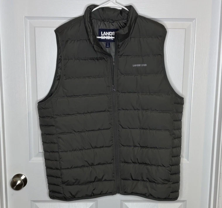 Land's End Vest Men’s L Down Puffer Gray Full Zip 600 Fill 42-44 NWT New