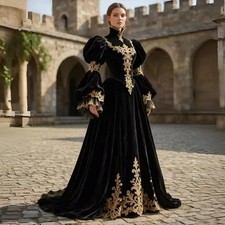 Black Renaissance Medieval Prom Dresses Puff Long Sleeves Victorian Evening Gown