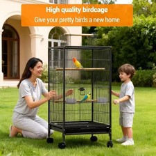 Large Pet Bird Cage Play With Rolling Stand Slide Tray Feeder Indoor/Outdoor