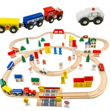 100 PCS Wooden Train Set -Premium Wood Train Tracks  Trains Toys