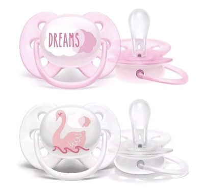Philips Avent 2 PK Ultra Soft Pacifier 0-6  Sensitive Skin Pink/White & Case NEW