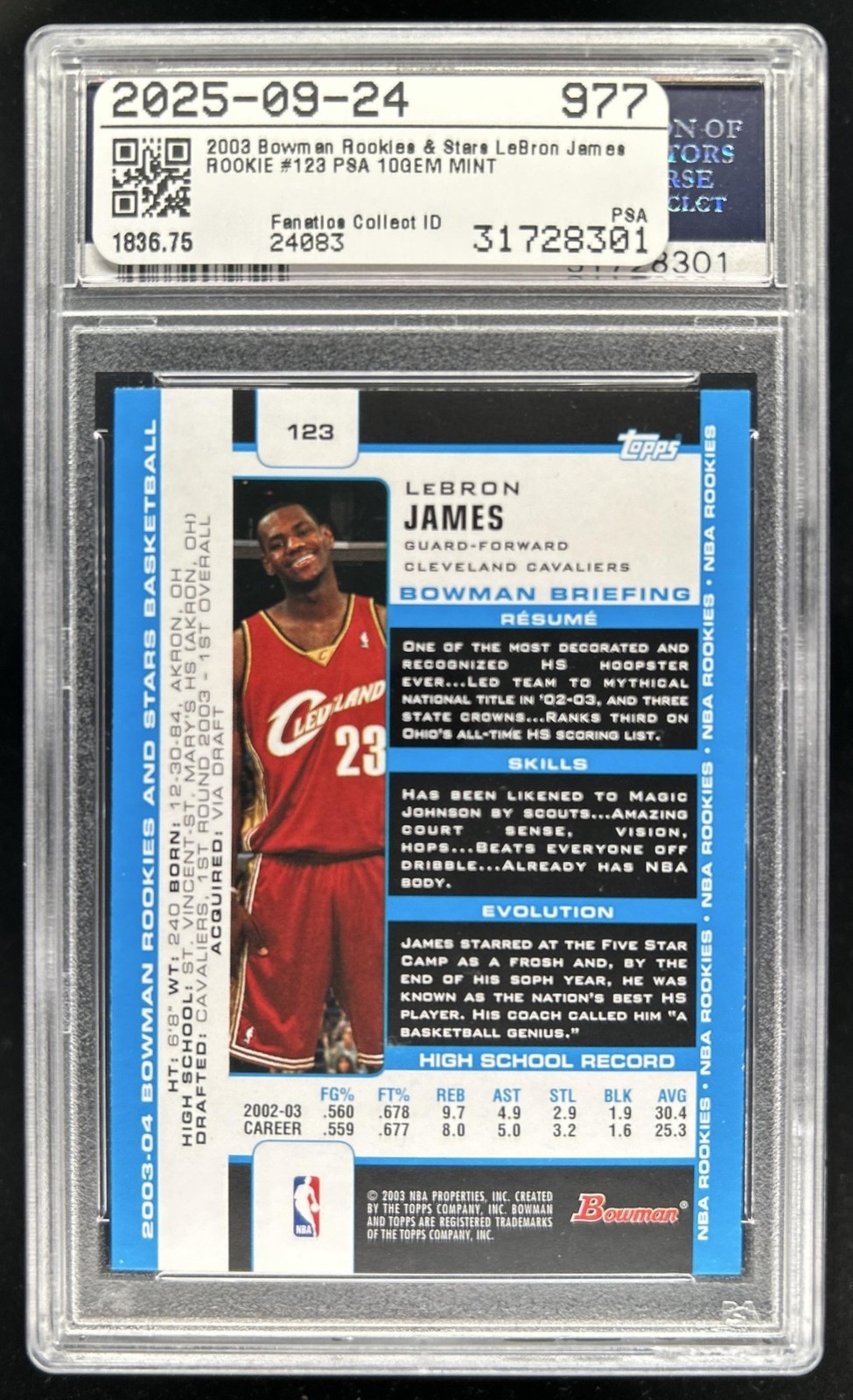 2003-04 Bowman Rookies & Stars LeBron James Rookie RC #123 Cavaliers PSA 10 view 2