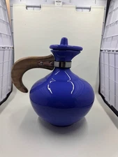 Vintage Pottery Plain Ware Blue Pitcher w/ Wood Handle 8 In W/ Lid Small Chip