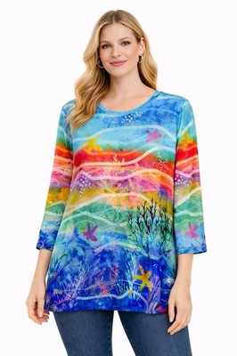 Ali Miles $69 Top Women s Blue Rainbow Blouse Coral Reef 3/4 Sleeve Shirt NEW