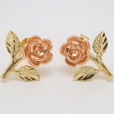 14k Solid Yellow and Rose Gold Rose Flower Stud Earrings Push Back 11 MM